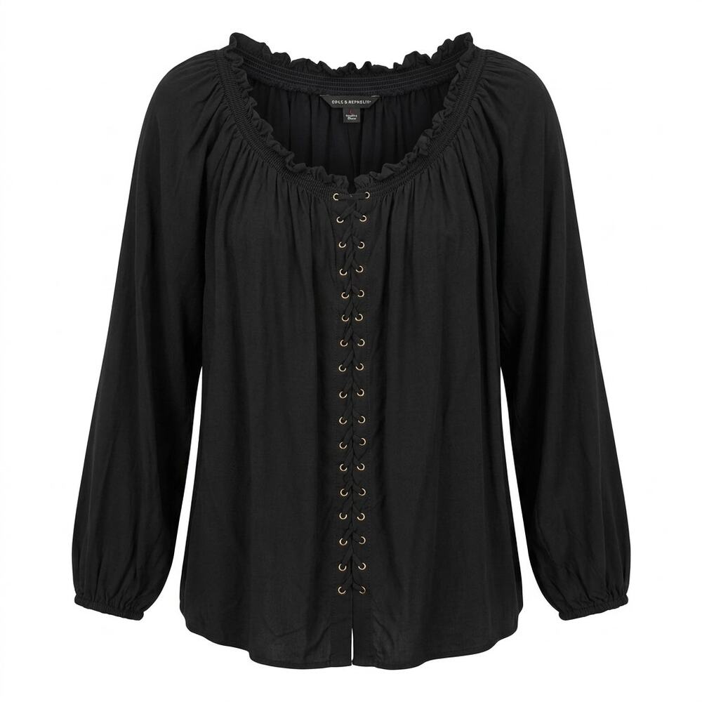 Rock & Republic Black Ruffle Scoop Neck Lace Blouse Women Size L